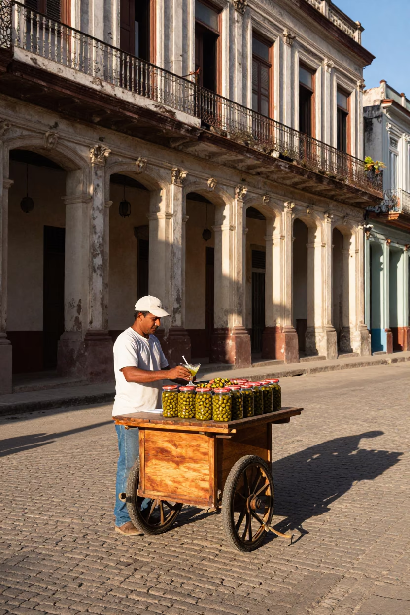 Late Afternoon Havana Street Scene with Olives and Cocktails in in Havana, Cuba