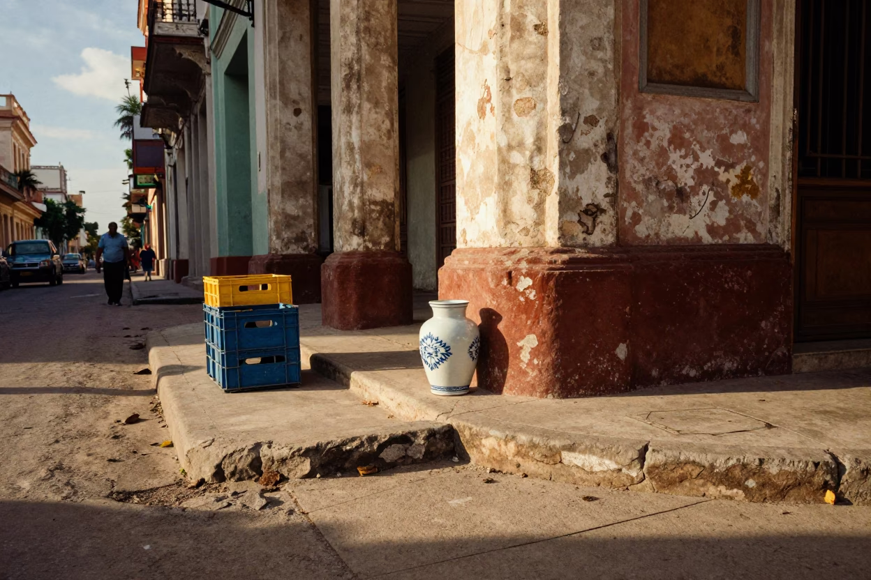 Late Afternoon Havana Street Scene with Painted Crate and Porcelain Jar in in Havana, Cuba