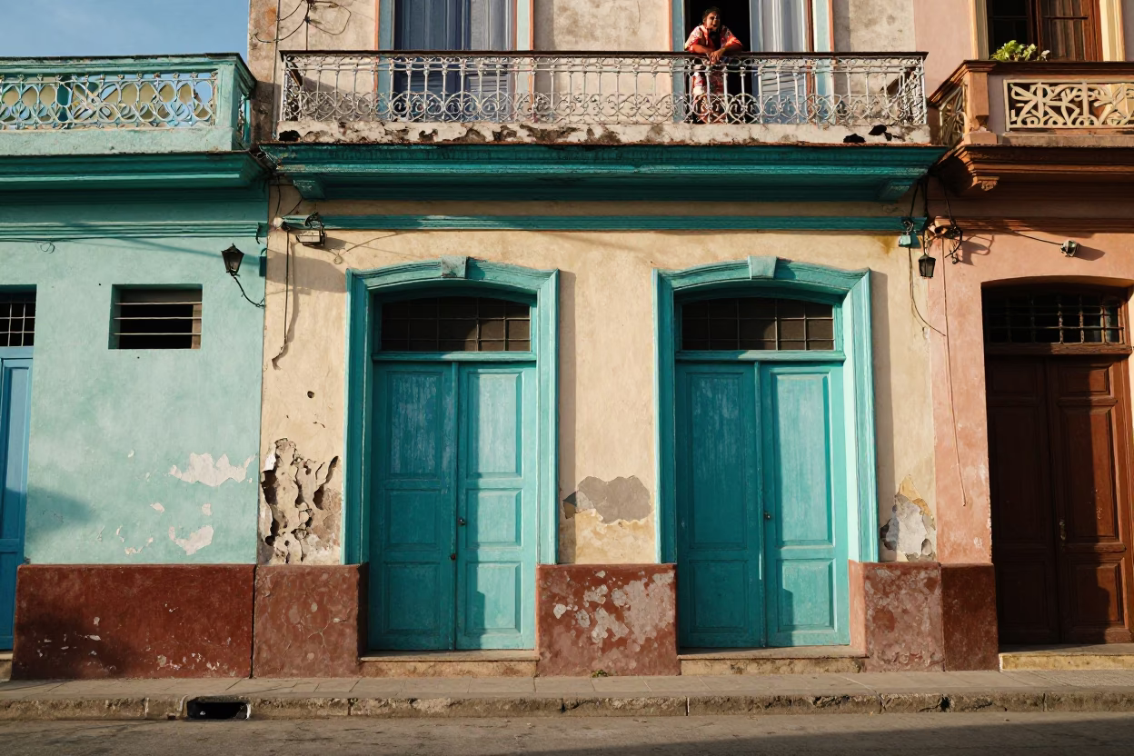 Late Afternoon Havana Street Scene with Peeling Paint and Local Life in in Havana, Cuba