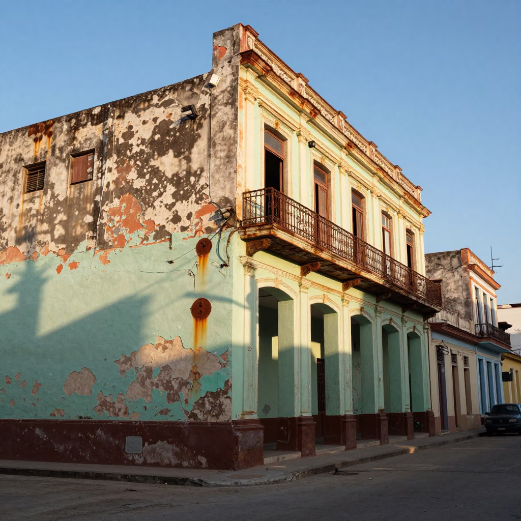Late Afternoon Havana Street Scene with Rusting Plaster and Vintage Cars in in Havana, Cuba