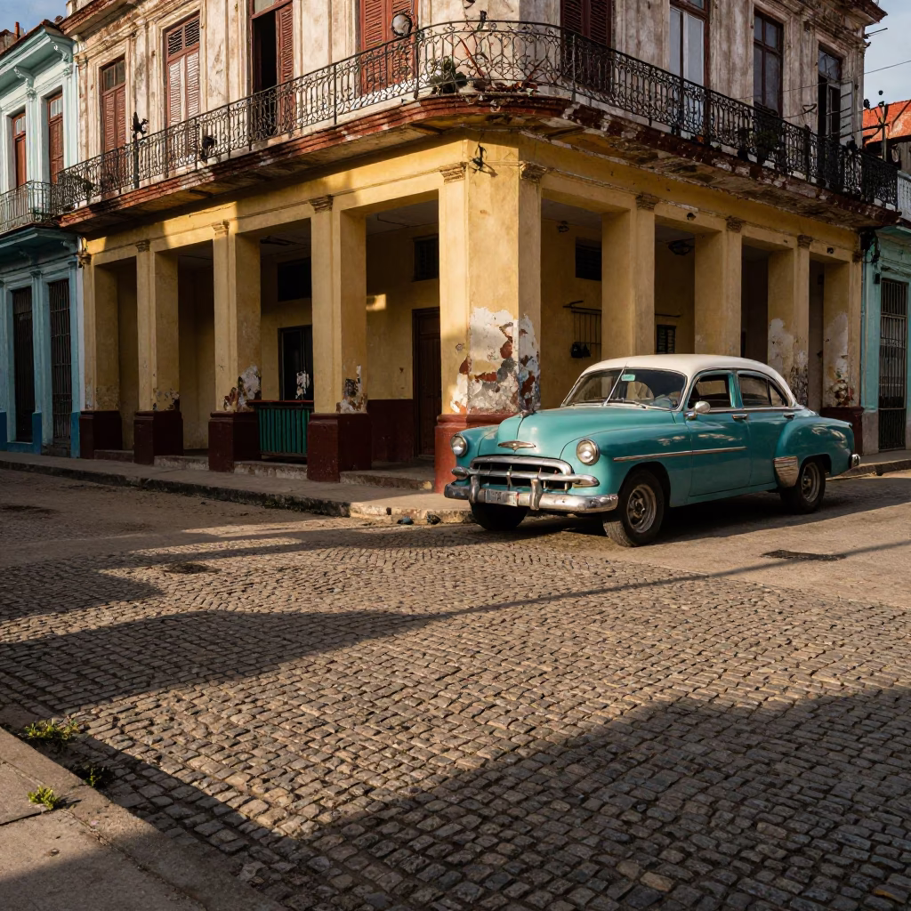 Late Afternoon Havana Street Scene with Vintage Car and Broom in in Havana, Cuba