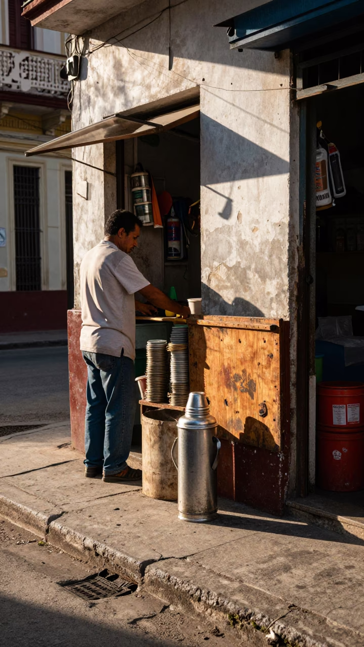 Late Afternoon Havana Street Scene with Weathered Thermos and Local Interaction in in Havana, Cuba