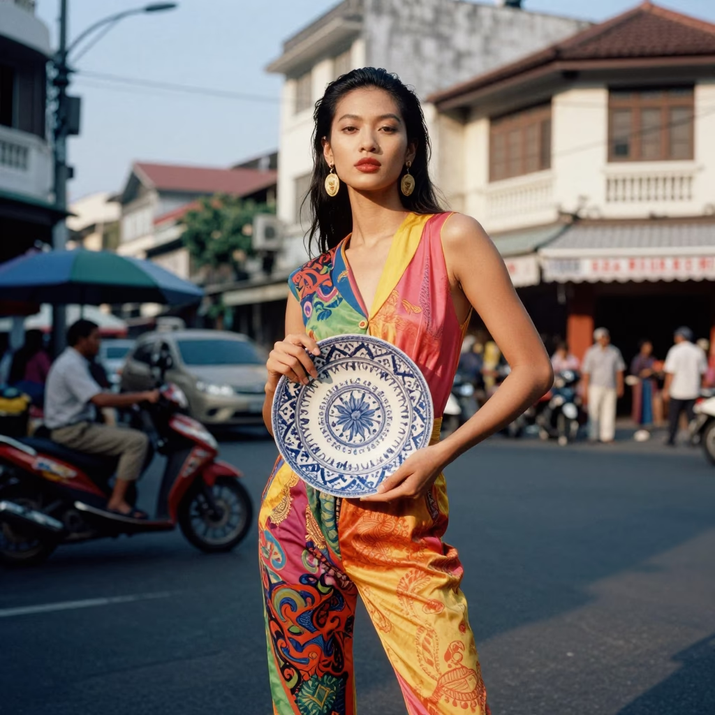 Late Afternoon High Fashion Portrait in Surabaya Indonesia with Vintage Majolica Plate in in Surabaya, Indonesia