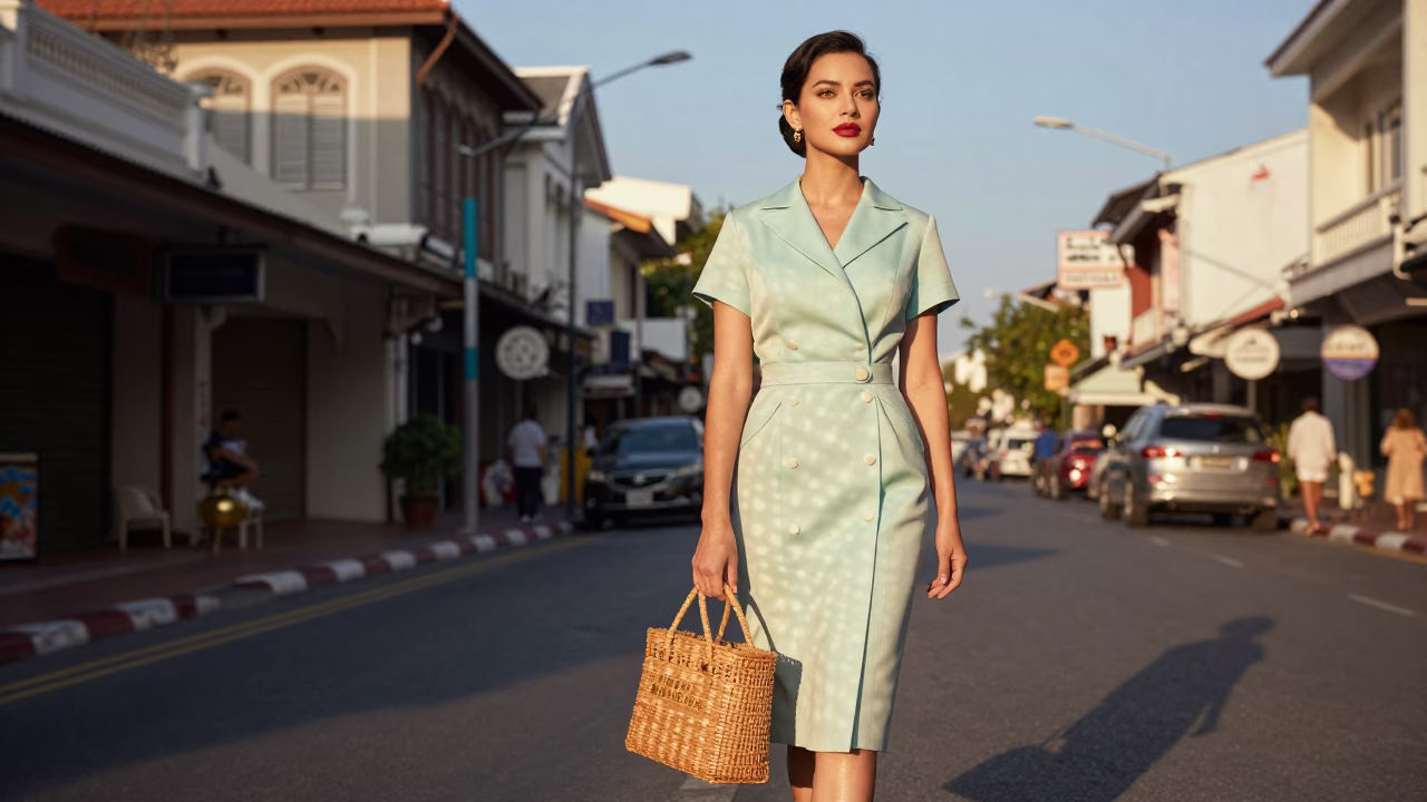 Late Afternoon High Fashion Portrait of Elegant Woman in Phuket Thailand Street Scene in in Phuket, Thailand