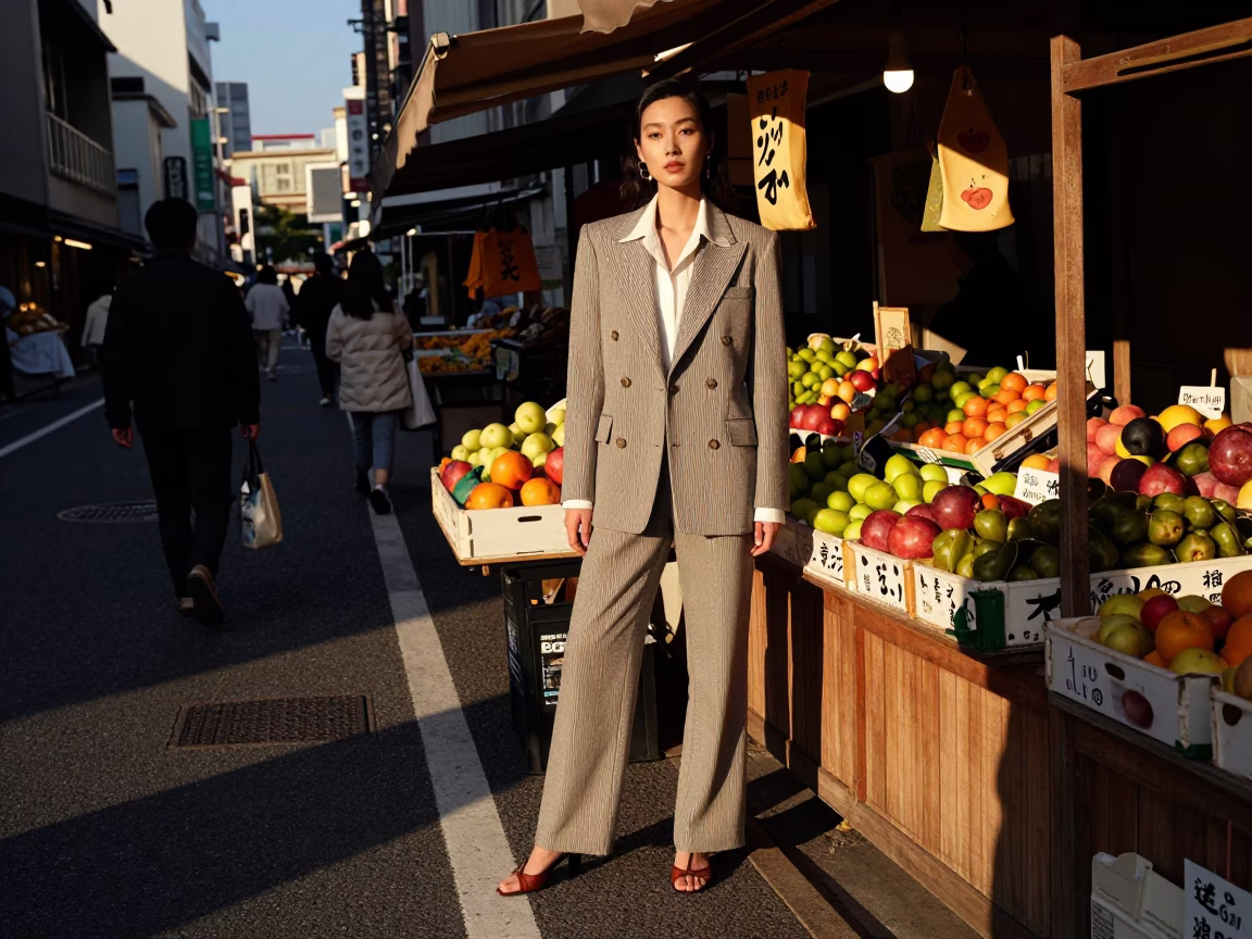 Late Afternoon High Fashion Street Photography in Osaka Japan with Fruit Vendor in in Osaka, Japan