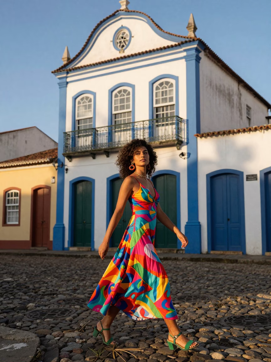Late Afternoon High Fashion Street Portrait in Salvador Brazil with Colorful Towels in in Salvador, Brazil