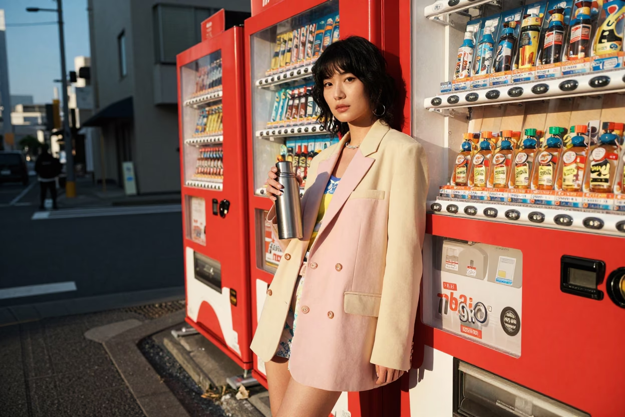 Late Afternoon High Fashion Street Style Portrait in Daimyo District Fukuoka Japan in in Fukuoka, Japan