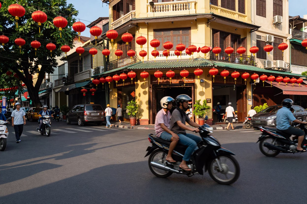 Late Afternoon Ho Chi Minh City Street Scene with Hanging Lanterns and Motorbikes in in Ho Chi Minh City, Vietnam