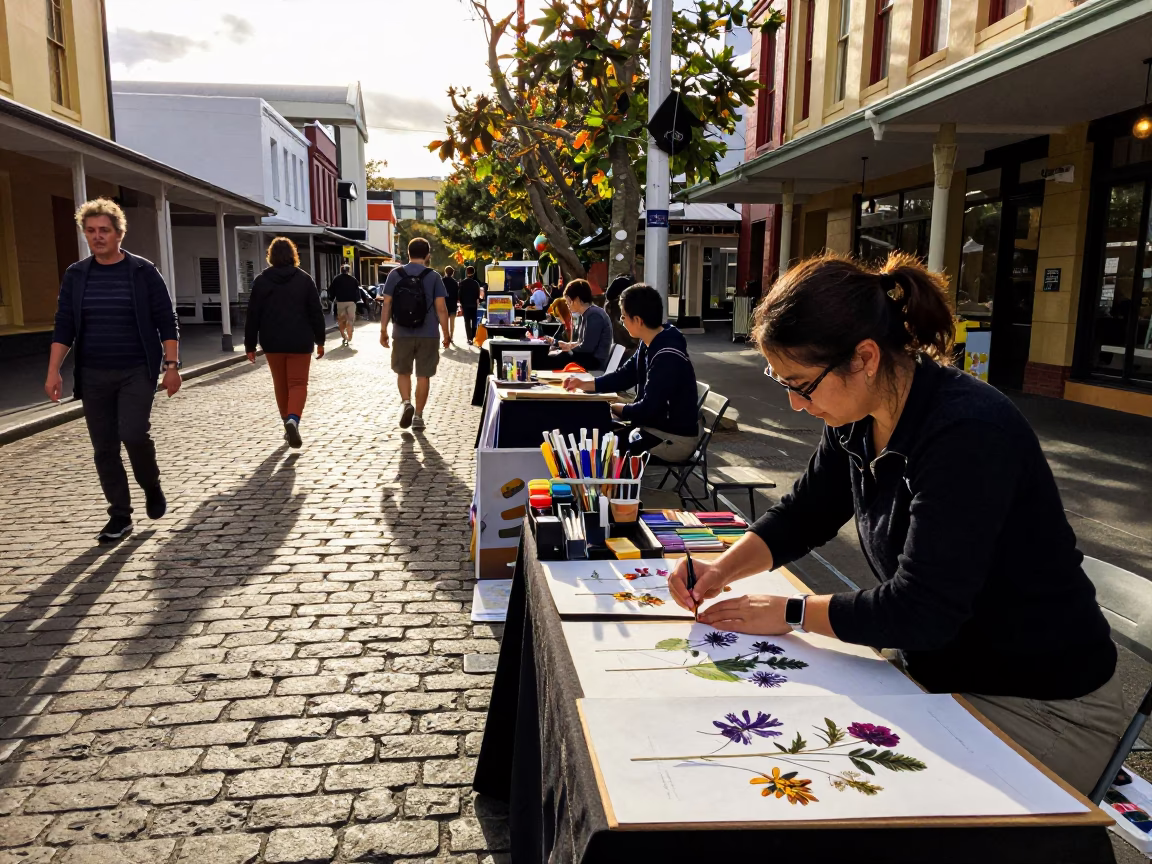Late Afternoon Hobart Street Scene with Art Supplies and Local Details in in Hobart, Tasmania, Australia