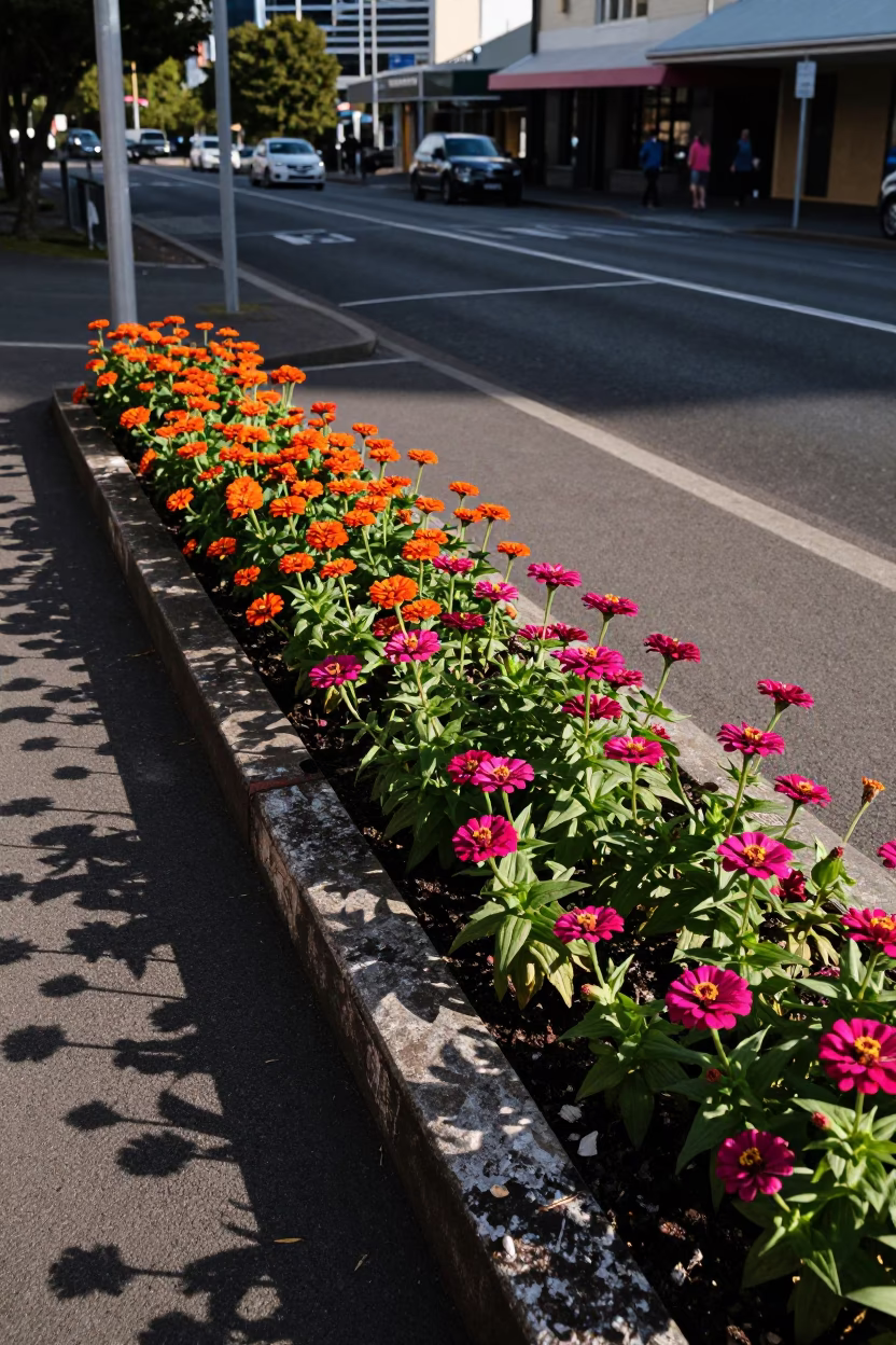 Late Afternoon Hobart Street Scene with Bed of Orange and Magenta Zinnias in in Hobart, Tasmania, Australia