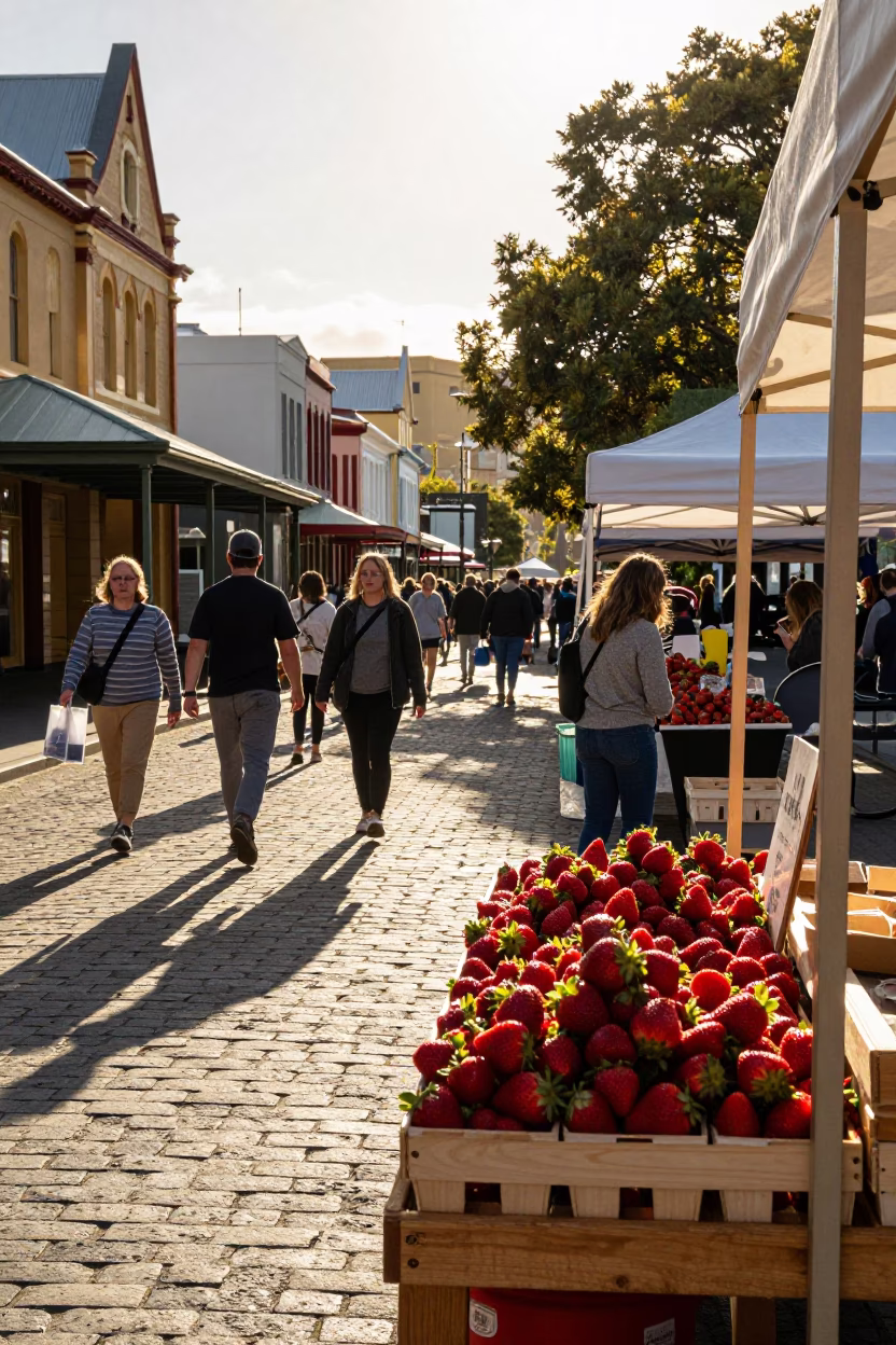 Late Afternoon Hobart Street Scene with Strawberry Stall and Local Market Activity in in Hobart, Tasmania, Australia