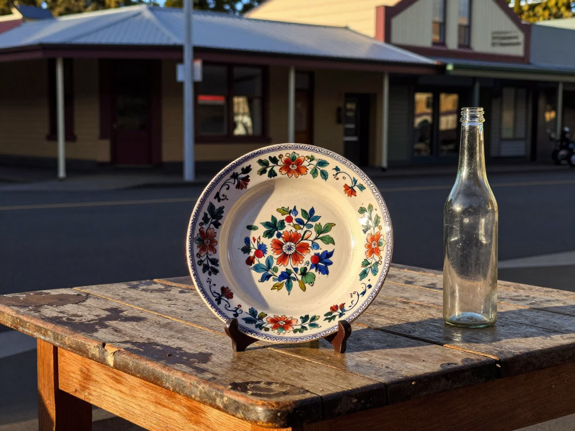 Late Afternoon Hobart Street Scene with Vintage Majolica Plate and Bottle on Wooden Table in in Hobart, Tasmania, Australia