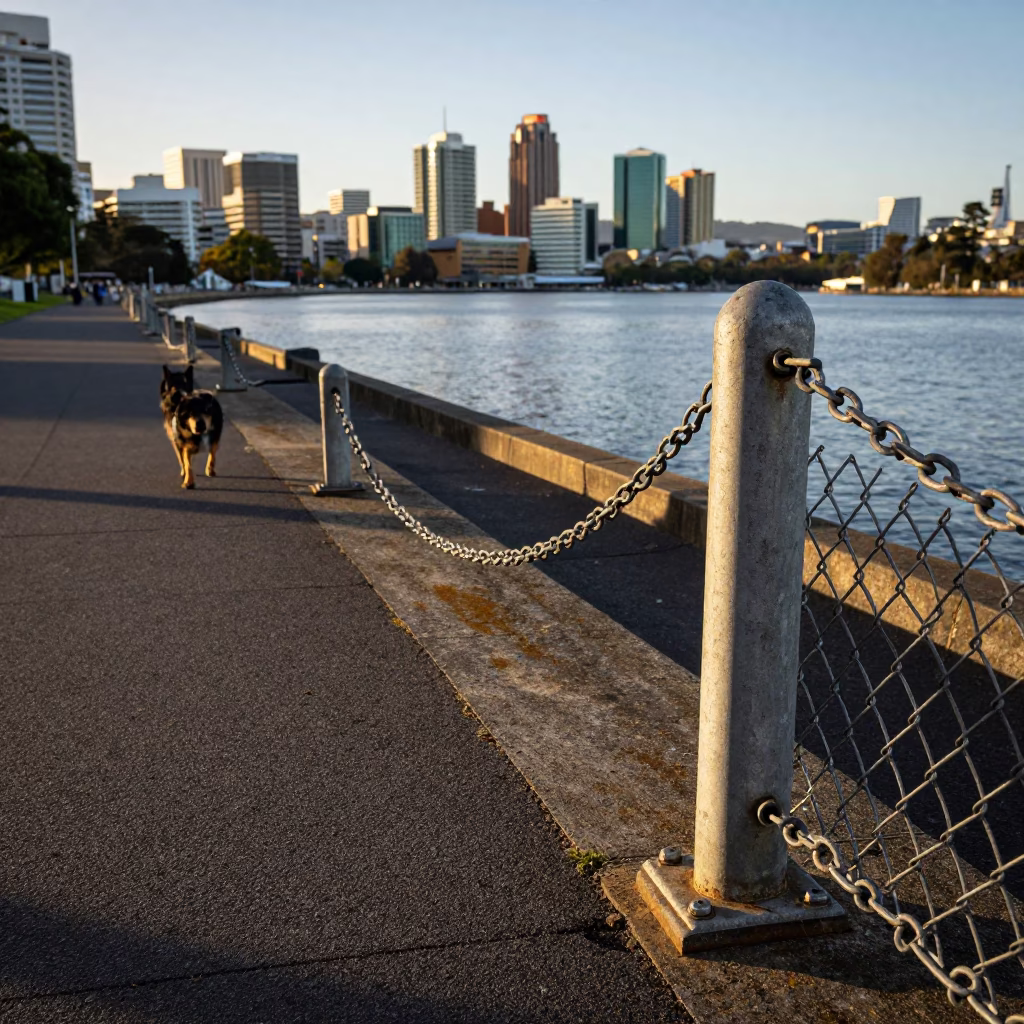 Late Afternoon Hobart Tasmania Landscape with Turnbuckle and Barbet Dog Near Waterfront in in Hobart, Tasmania, Australia