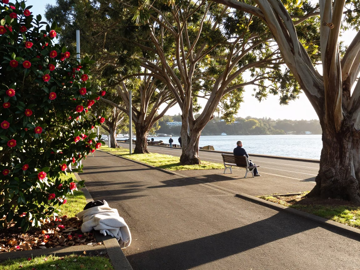 Late Afternoon Hobart Tasmania Street Scene with Camellia and Blankets in in Hobart, Tasmania, Australia