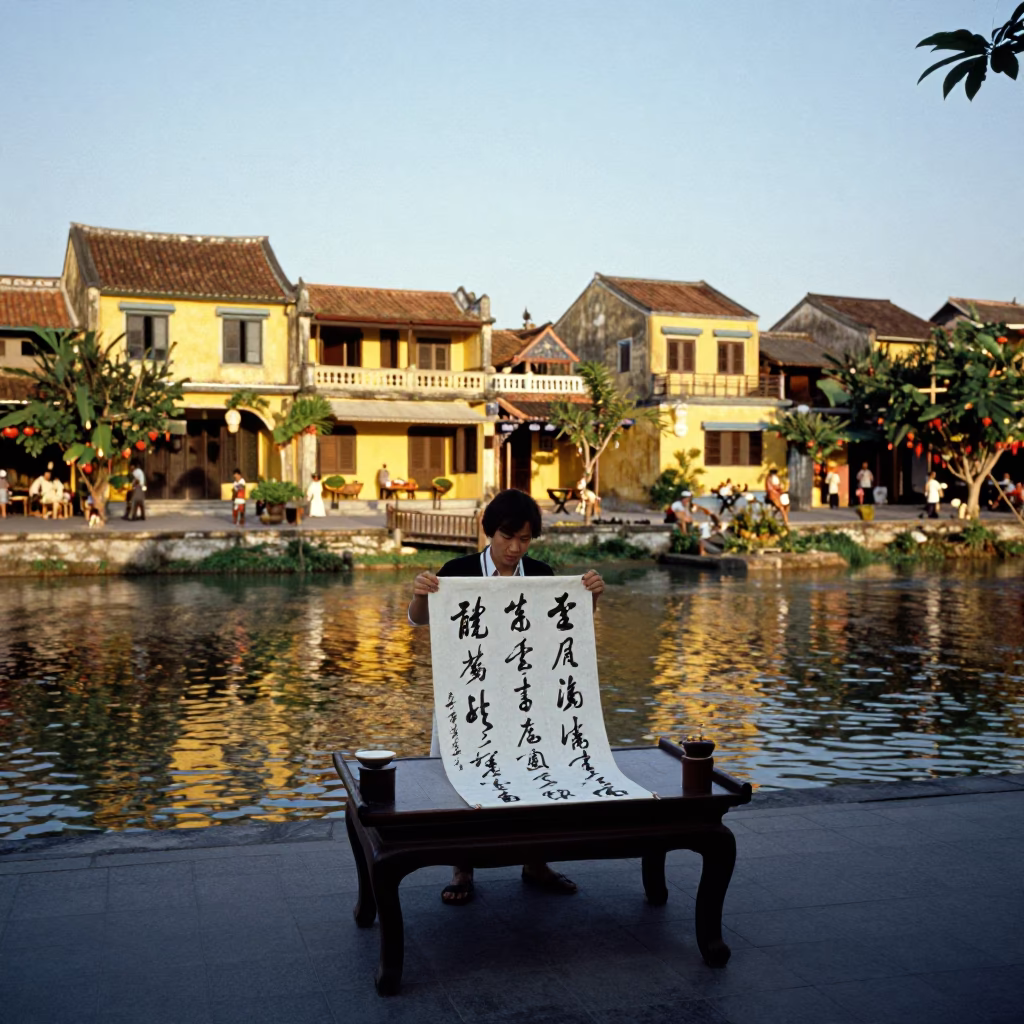 Late Afternoon Hoi An Vietnam Landscape with Traditional Calligraphy and River View in in Hoi An, Vietnam