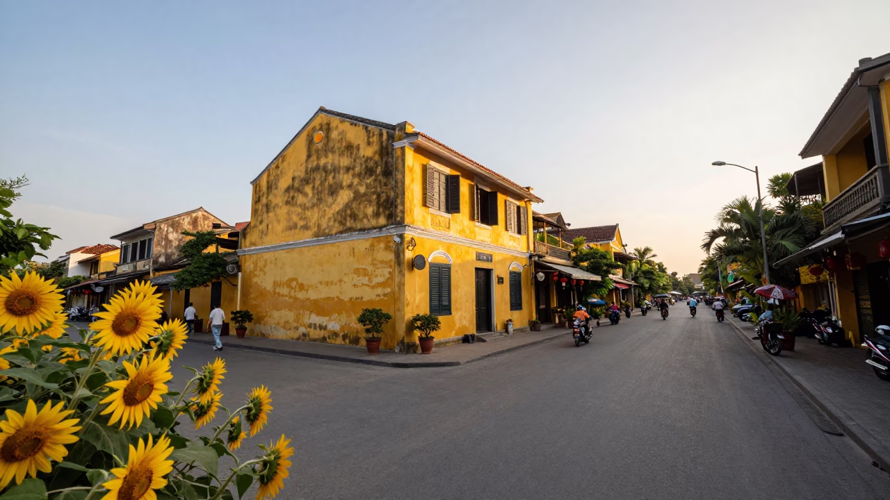 Late Afternoon Hoi An Vietnam Street Scene with Sunflowers and Yellow Façades in in Hoi An, Vietnam