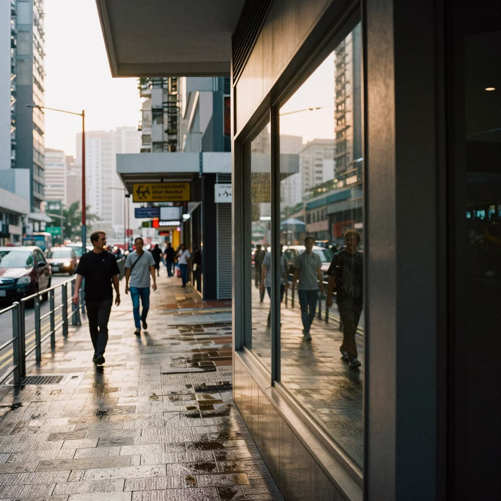 Late Afternoon Hong Kong Street Scene with Wet Flagstones and Clear Glass Window Reflections in in Hong Kong, Hong Kong