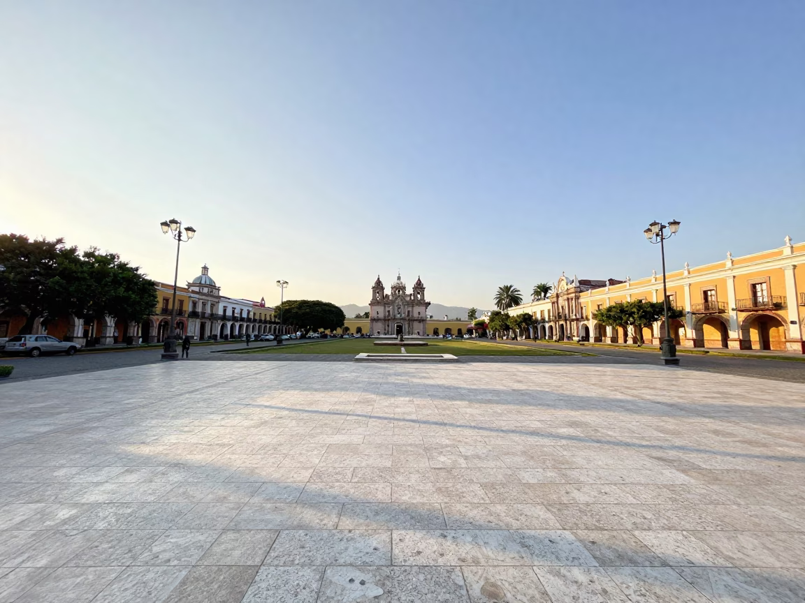 Late Afternoon Horizon View of Merida Mexico Colonial Plaza and Street Life in in Merida, Mexico