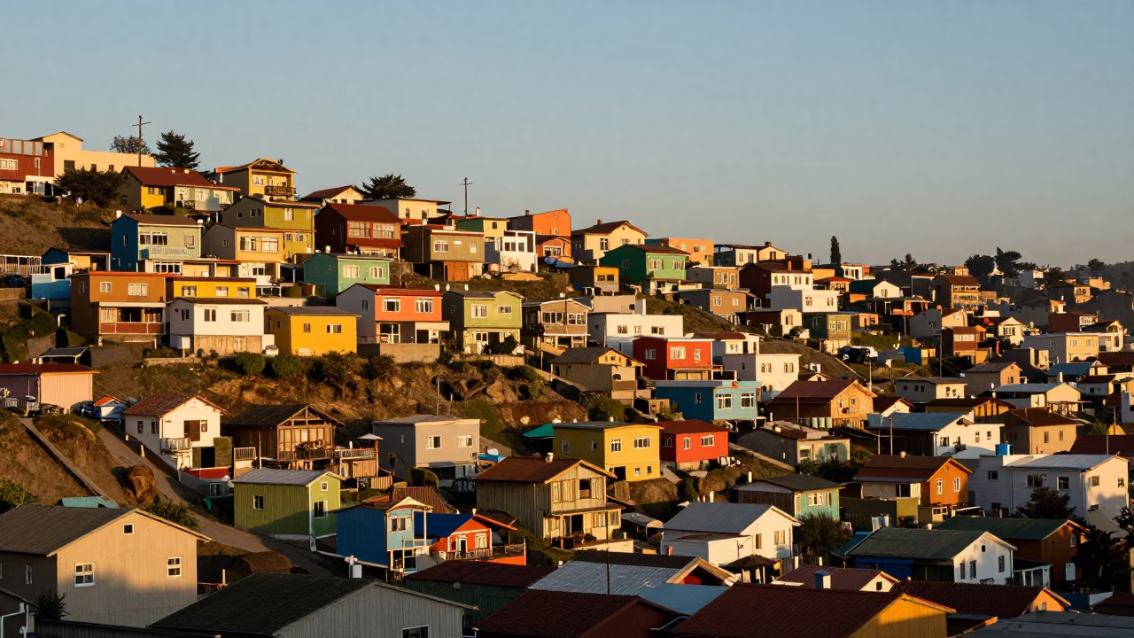 Late Afternoon Horizon View of Valparaiso Chile Colorful Hillside Houses and Coastal Bridge in in Valparaiso, Chile
