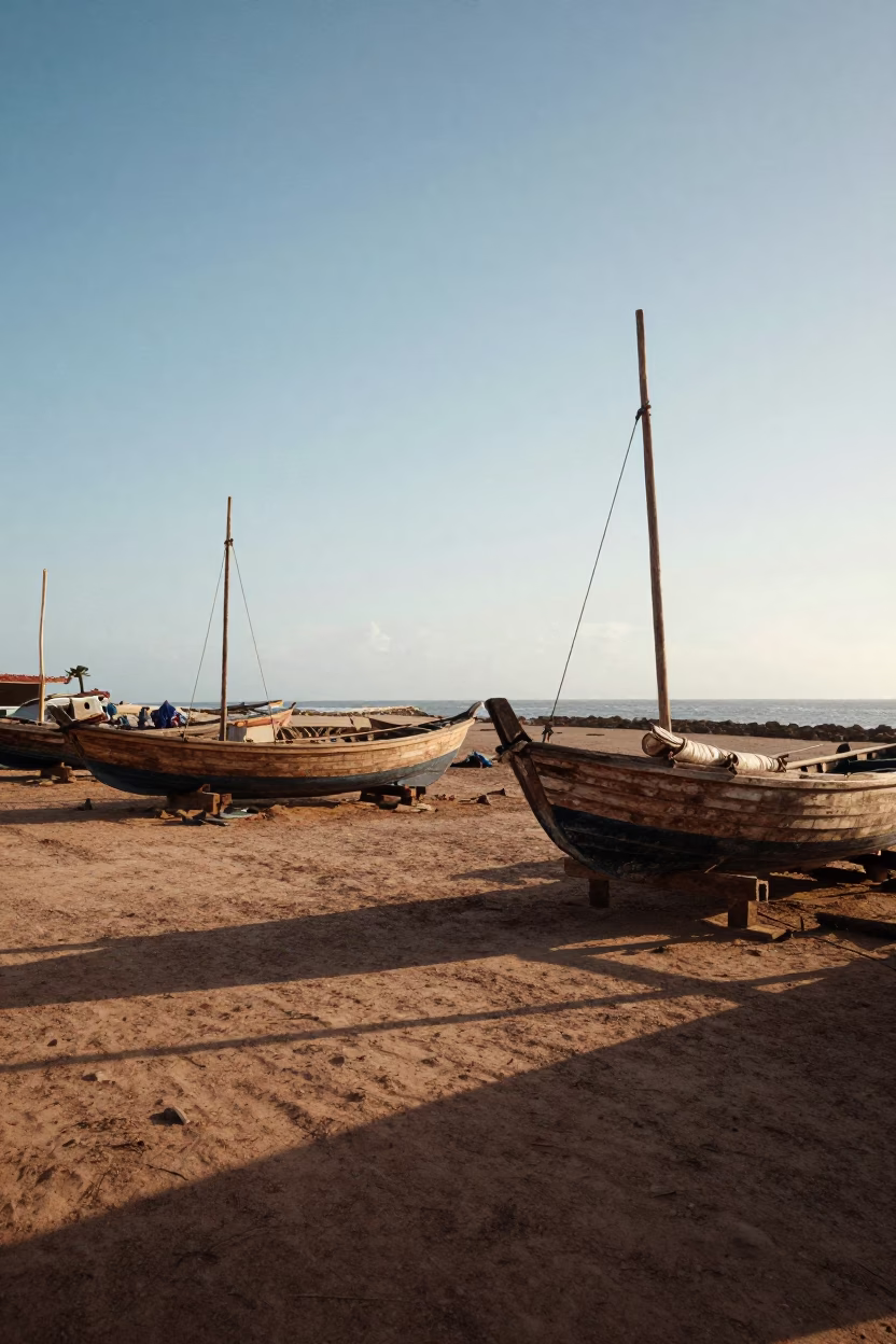 Late Afternoon Horizon View of Wooden Sailboats in Dakar Senegal Boatyard in in Dakar, Senegal