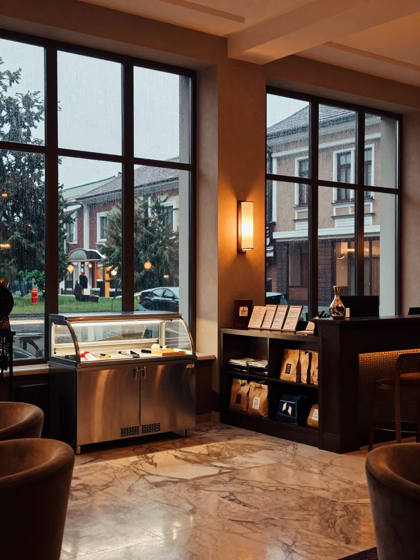 Late Afternoon Hotel Lobby Snack Cooler Log in inside a hotel lobby in Veliko Tarnovo