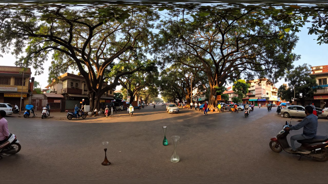 Late Afternoon Hyderabad Street Scene with Glass Vases and Traditional Architecture in in Hyderabad, India