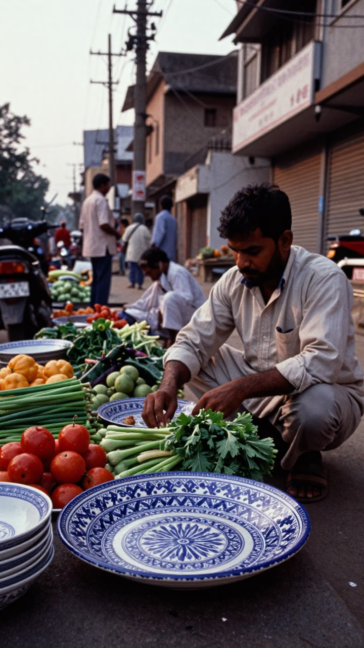 Late Afternoon Hyderabad Street Scene with Vintage Majolica Plate and Bananas in in Hyderabad, India