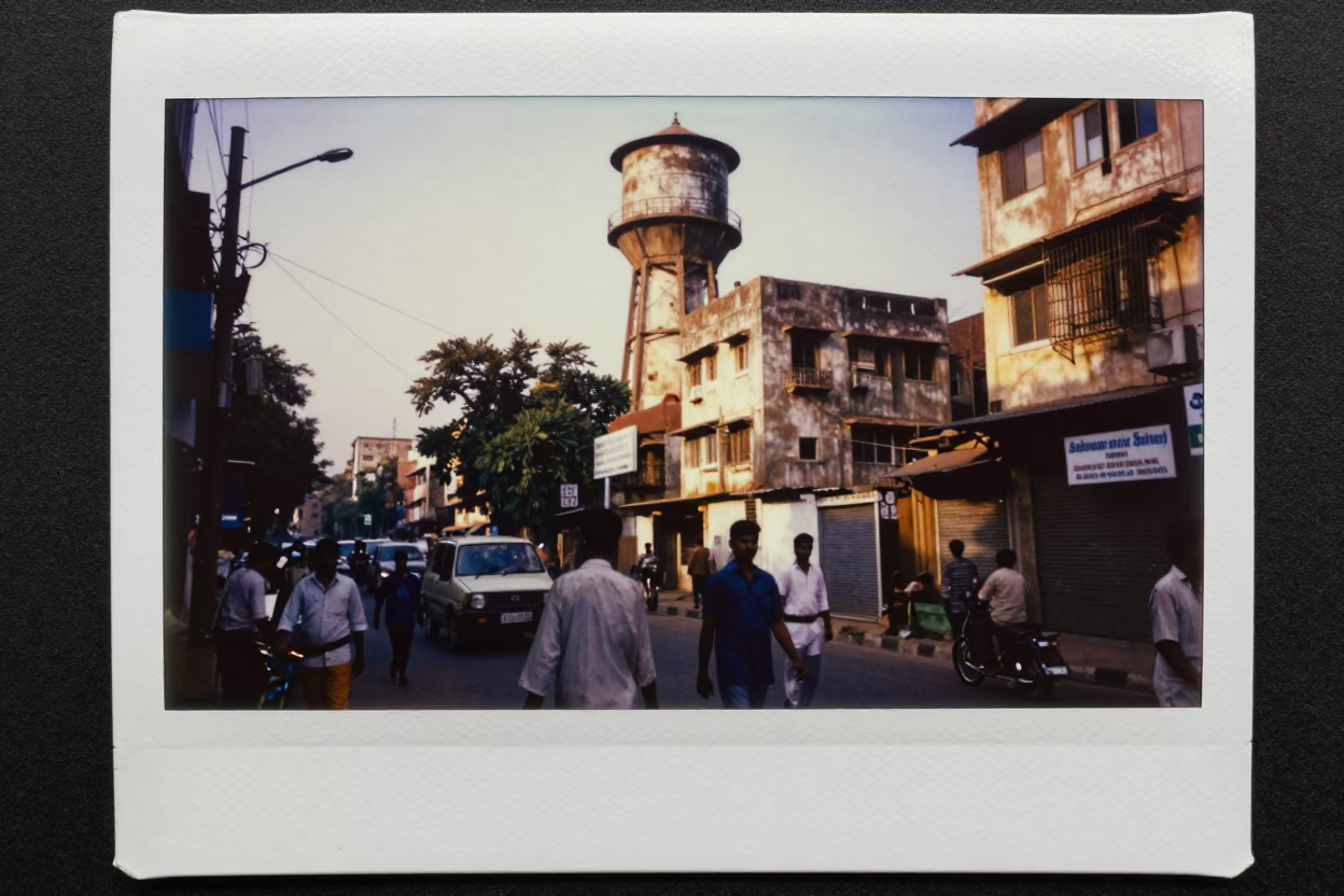 Late Afternoon Hyderabad Street Scene with Water Tower and Local Market Activity in in Hyderabad, India