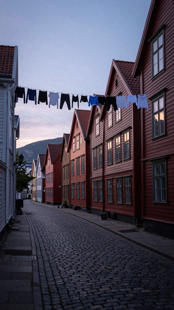 Late Afternoon in Bergen Norway Clothesline and Cobblestone Street Scene in in Bergen, Norway