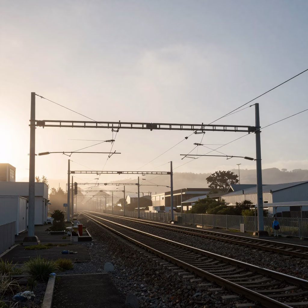Late Afternoon Industrial Rail Catenary System Receding Through Christchurch Fog in in Christchurch, New Zealand