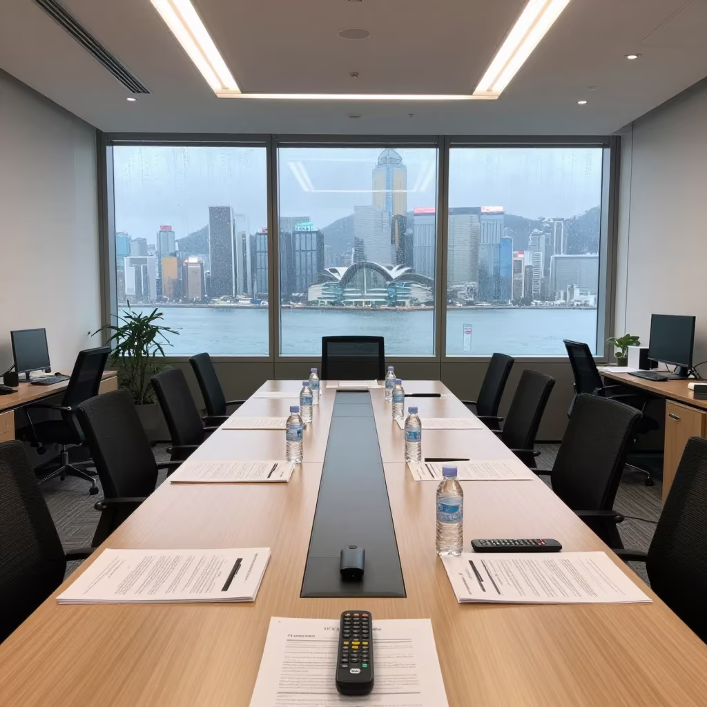 Late Afternoon Investor Boardroom in Hong Kong in inside an open-plan office bay near Causeway Bay, Hong Kong