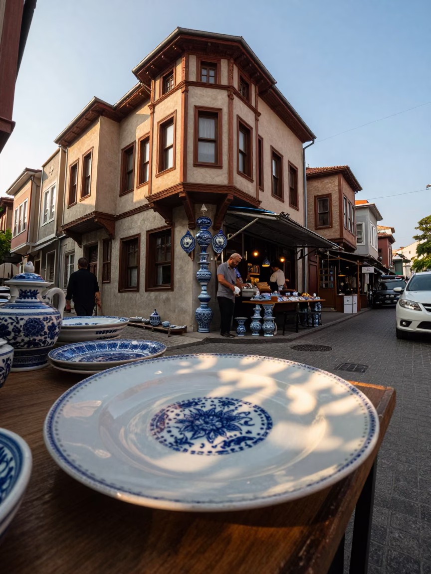 Late Afternoon Istanbul Street Scene with Blue Porcelain and Leaf Shadows in in Istanbul, Turkey
