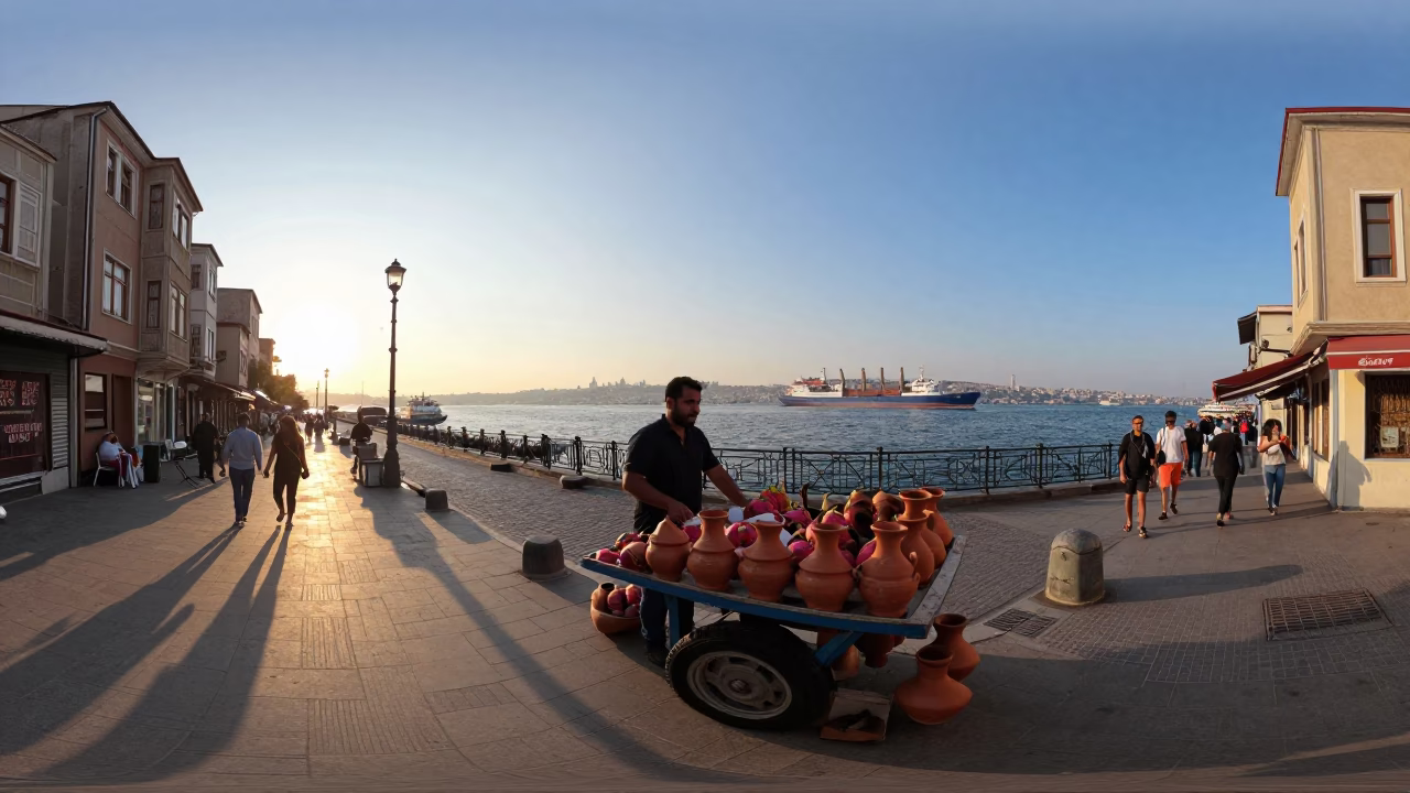 Late Afternoon Istanbul Street Scene with Cargo Ship Horizon and Local Commerce in in Istanbul, Turkey