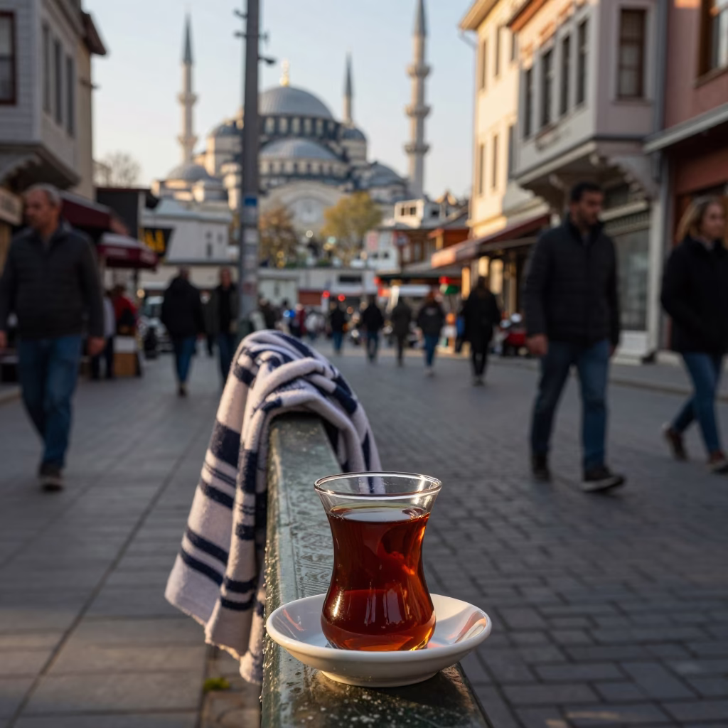 Late Afternoon Istanbul Street Scene with Ceramic Cup and Colorful Details in in Istanbul, Turkey