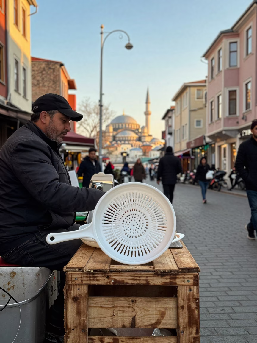 Late Afternoon Istanbul Street Scene with Dish Drainer and Radishes in in Istanbul, Turkey