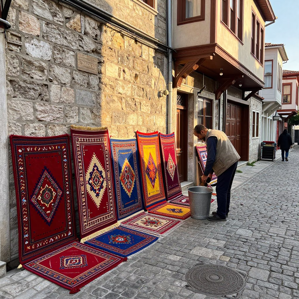 Late Afternoon Istanbul Street Scene with Door Mats and Metal Bucket in in Istanbul, Turkey