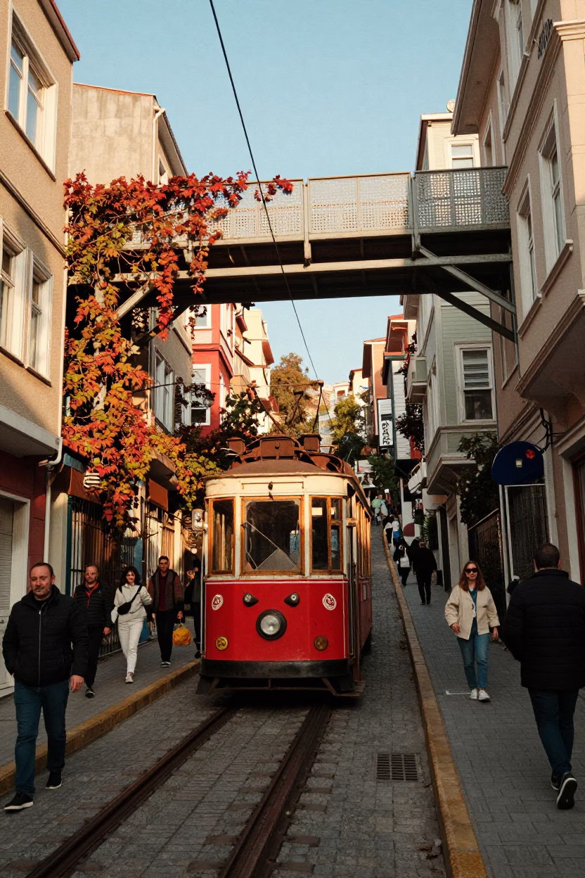 Late Afternoon Istanbul Street Scene with Funicular and Pedestrian Bridge in in Istanbul, Turkey