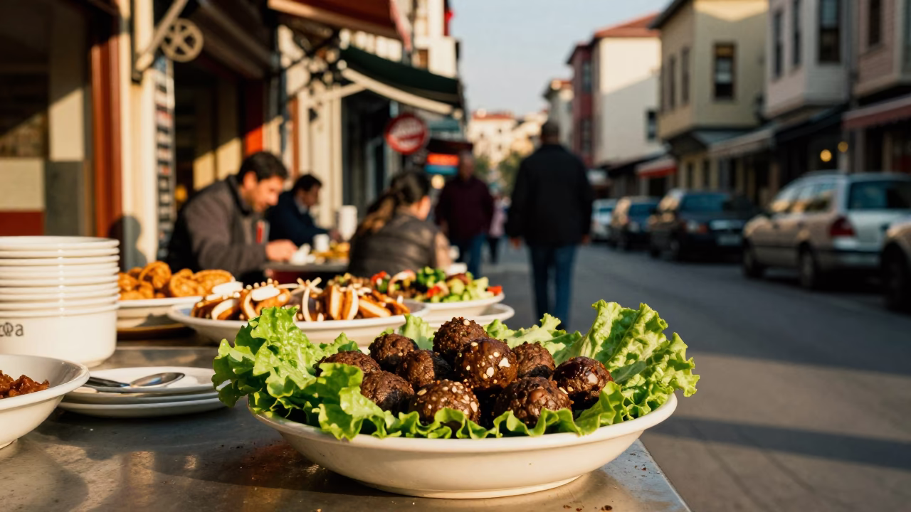Late Afternoon Istanbul Street Scene with Traditional Food and Urban Life in in Istanbul, Turkey