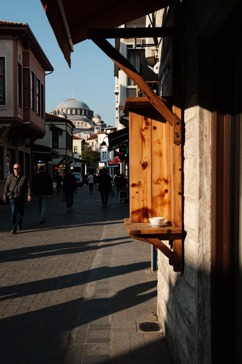 Late Afternoon Istanbul Street Scene with Wicker Shadows and Local Tea Culture in in Istanbul, Turkey