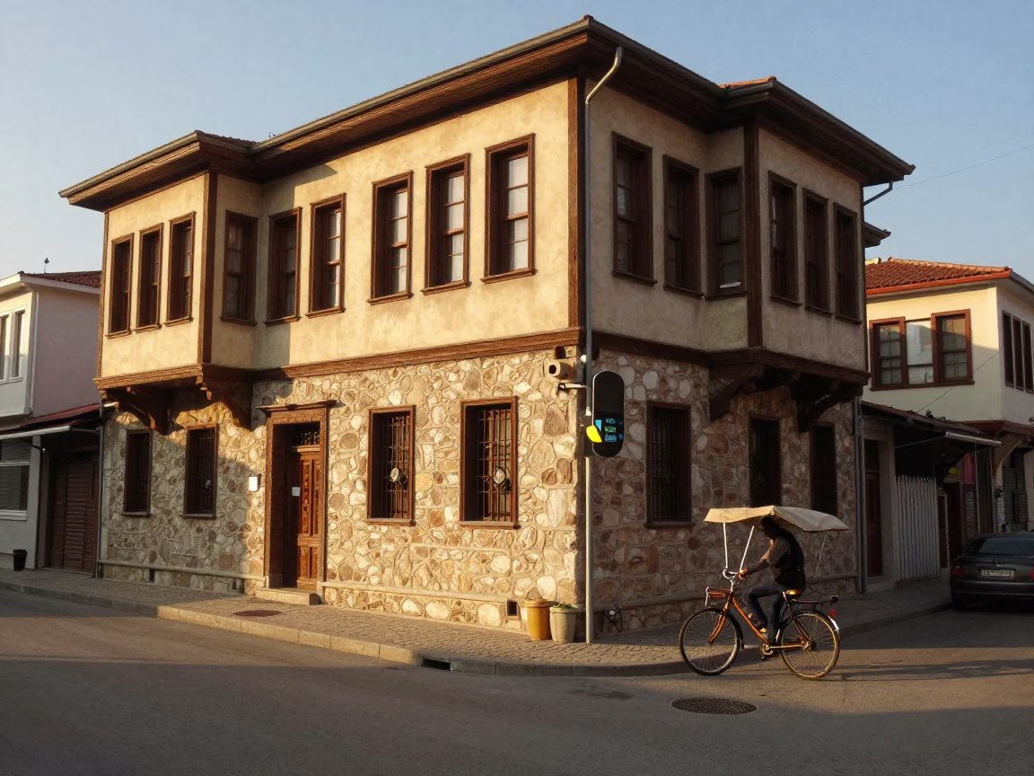 Late Afternoon Izmir Street Scene with Bicycle and Open Window in in Izmir, Turkey