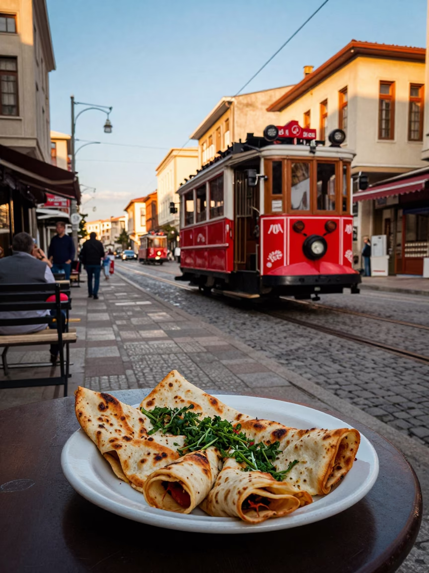 Late Afternoon Izmir Street Scene with Cable Car and Traditional Lahmacun in in Izmir, Turkey