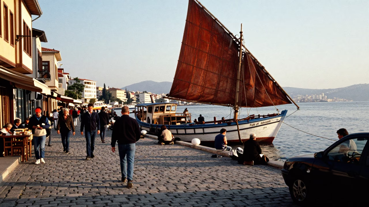 Late Afternoon Izmir Street Scene with Junk Boat and Local Interaction in in Izmir, Turkey