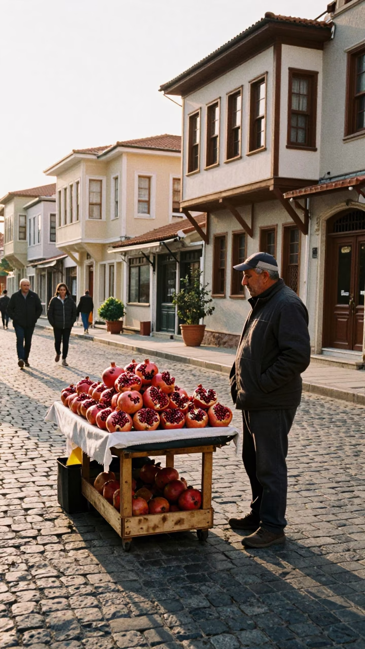 Late Afternoon Izmir Street Scene with Pomegranate Vendor and Overpass in in Izmir, Turkey