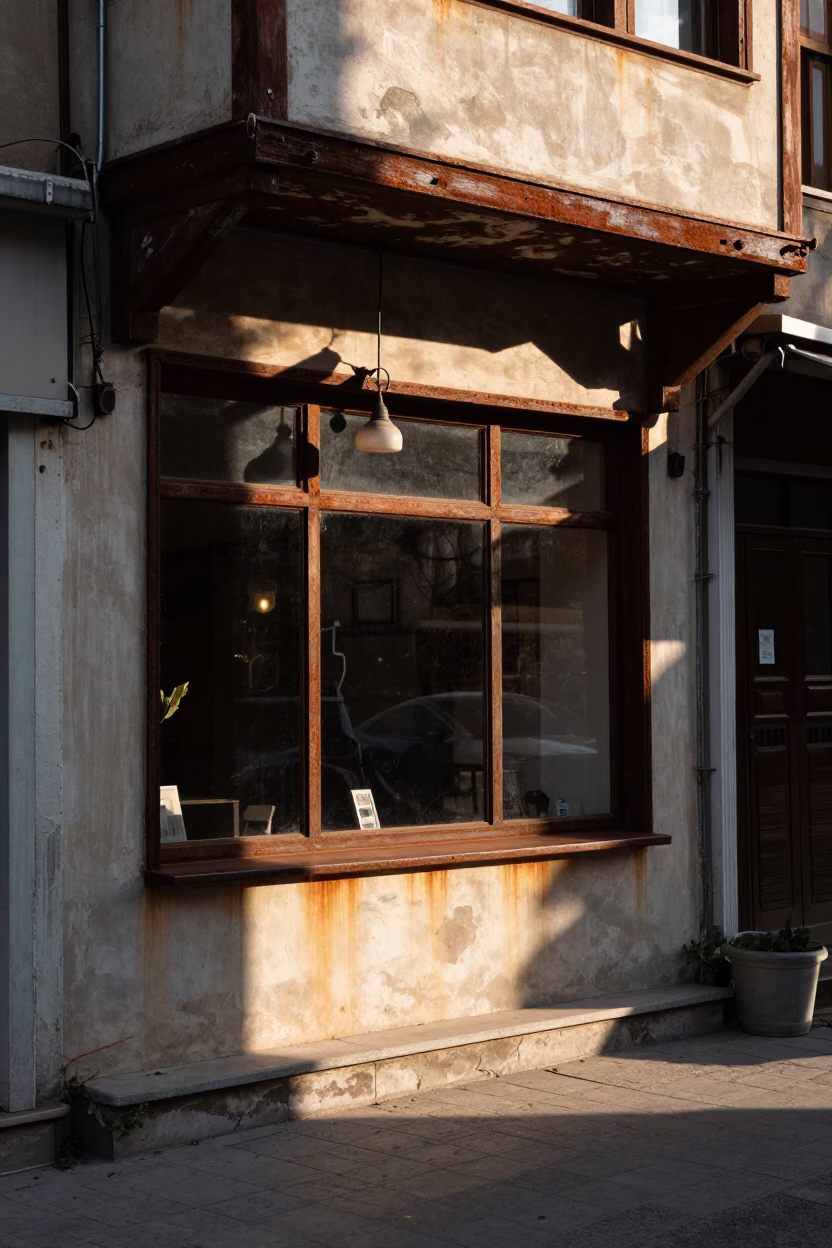 Late Afternoon Izmir Street Scene with Rusty Window Sill and Glass Vases in in Izmir, Turkey