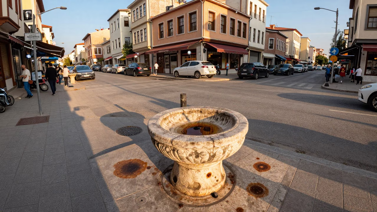 Late Afternoon Izmir Street Scene with Tea Stains and Bridge Pier Base in in Izmir, Turkey