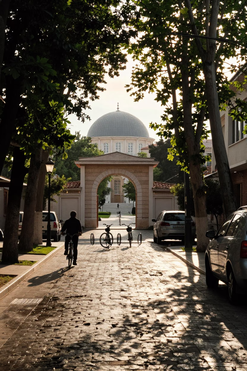 Late Afternoon Izmir Street Scene with Telescope Dome and Bicycle Rack in in Izmir, Turkey