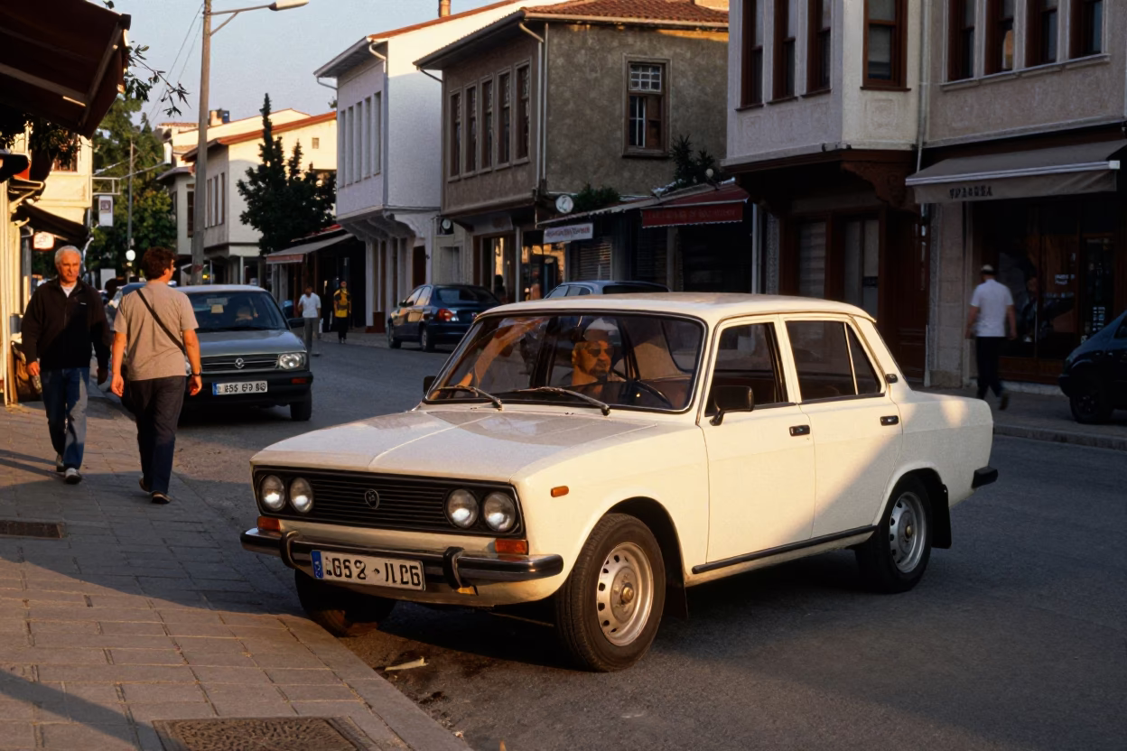 Late Afternoon Izmir Street Scene with Vintage Car and Local Shopkeeper in in Izmir, Turkey