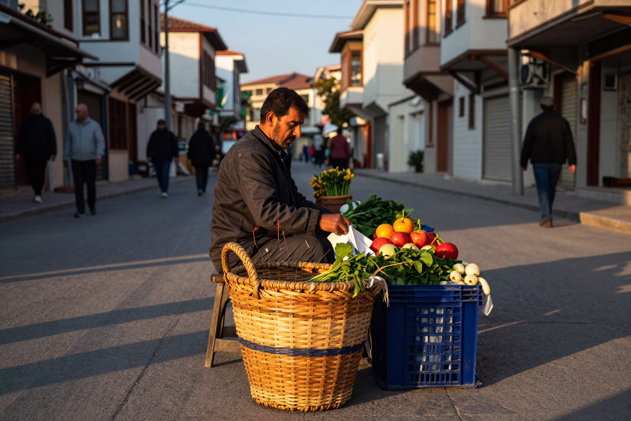Late Afternoon Izmir Street Scene with Woven Basket and Local Market Vibe in in Izmir, Turkey