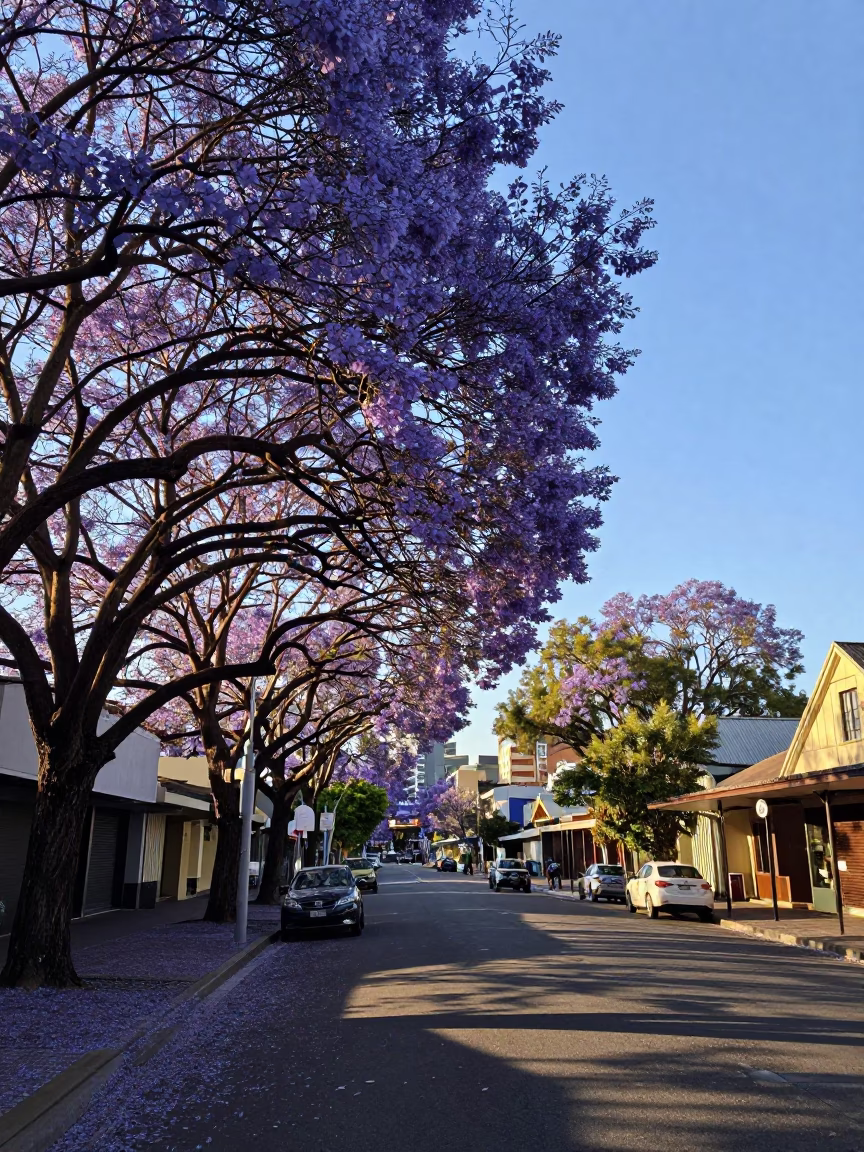 Late Afternoon Jacaranda Bloom and Blue Sky in Adelaide South Australia Street Scene in in Adelaide, South Australia, Australia