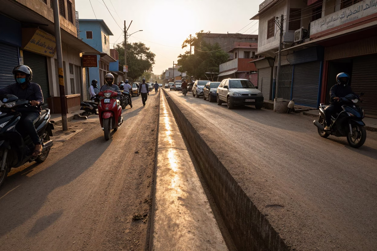 Late Afternoon Jaipur Street Scene with Sun Stripe Across Drain and Local Life in in Jaipur, India
